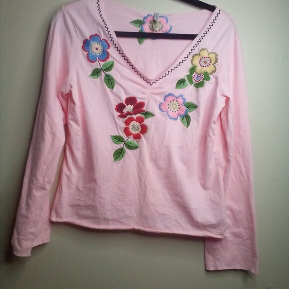 White Stag Blouse S Long Sleeve Embroidery Flowers V-Neck Pink - Picture 13 of 15